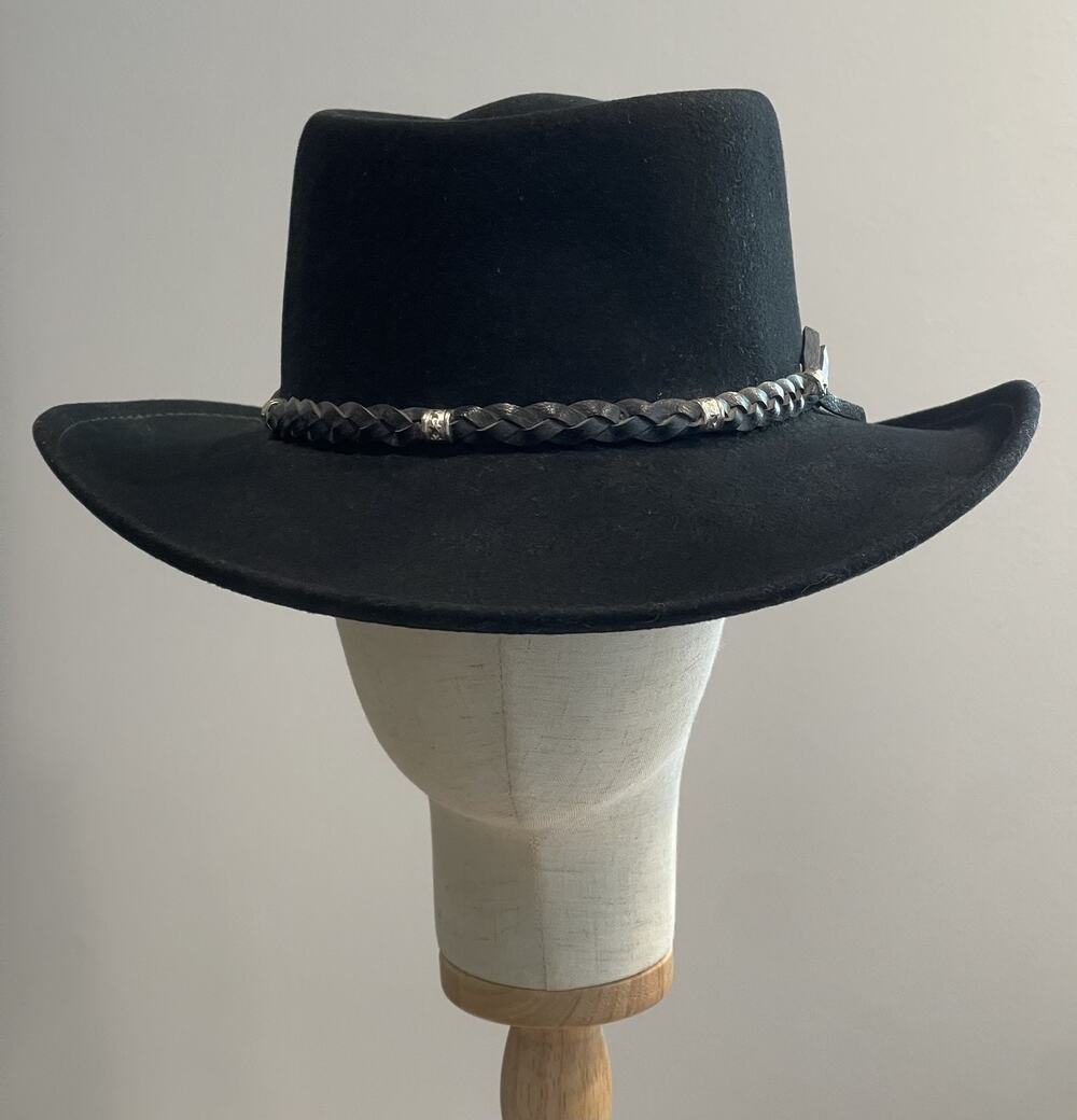 Vintage Flex Felt Hat Cap Cowboy Mens M Black Wool Felt Lined Wide Brim U.S.A.